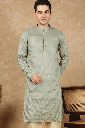 Green polysilk sequins kurta for men
