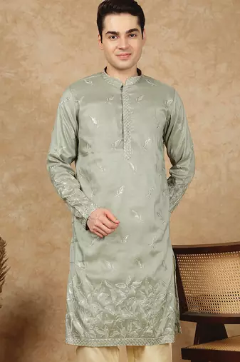 Green polysilk sequins kurta for men
