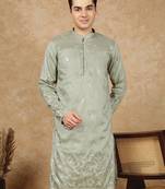Green polysilk sequins kurta for men