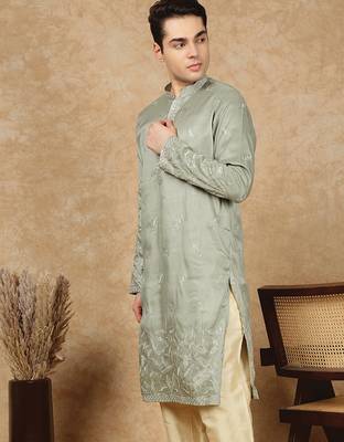 Green polysilk sequins kurta for men 2