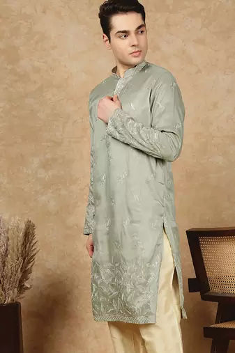 Green polysilk sequins kurta for men