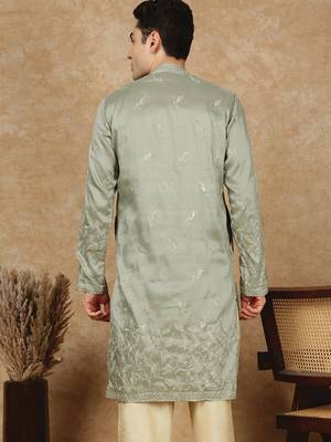 Green polysilk sequins kurta for men 4