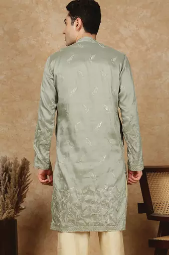 Green polysilk sequins kurta for men