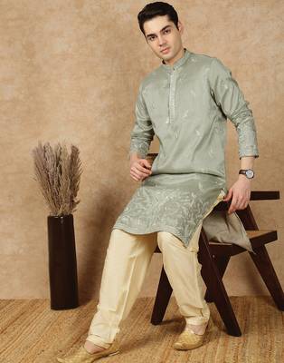 Green polysilk sequins kurta for men 5