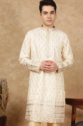 Beige polysilk sequins kurta for men