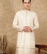 Beige polysilk sequins kurta for men