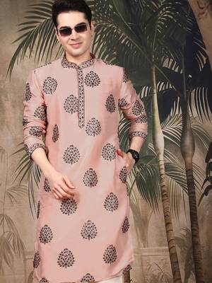 Peach silk embroidered kurta for men 1