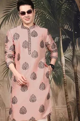Peach silk embroidered kurta for men