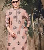 Peach silk embroidered kurta for men