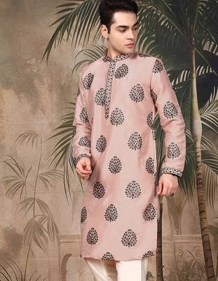 Peach silk embroidered kurta for men 2