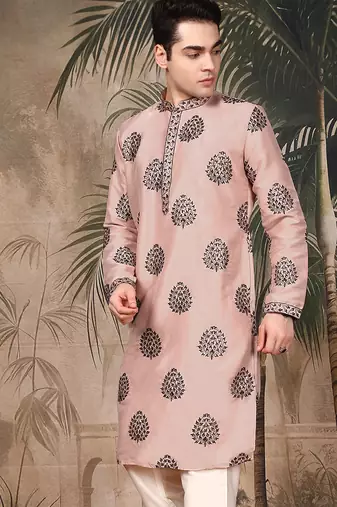 Peach silk embroidered kurta for men