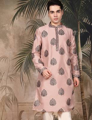 Peach silk embroidered kurta for men 3