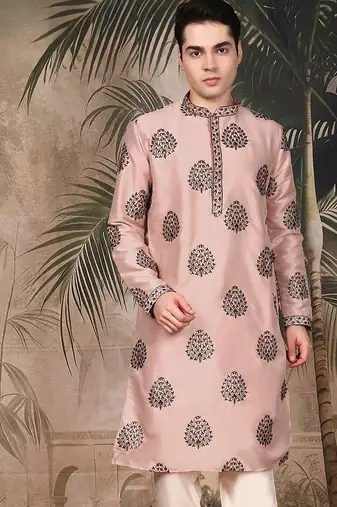 Peach silk embroidered kurta for men