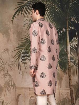 Peach silk embroidered kurta for men 4