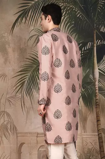 Peach silk embroidered kurta for men