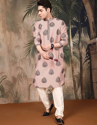 Peach silk embroidered kurta for men 5