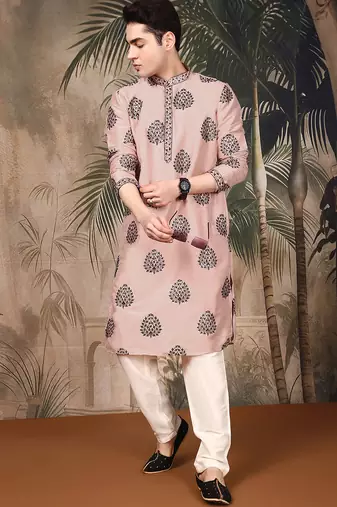 Peach silk embroidered kurta for men