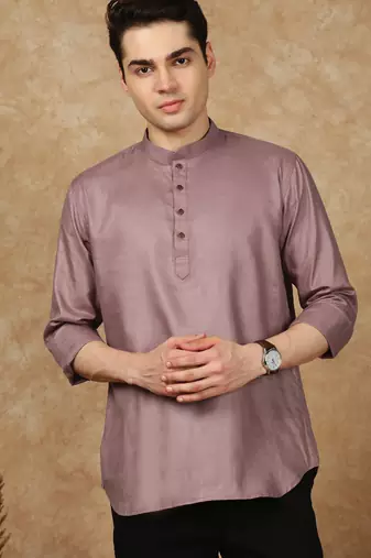 Pink silk embroidered short kurta for men