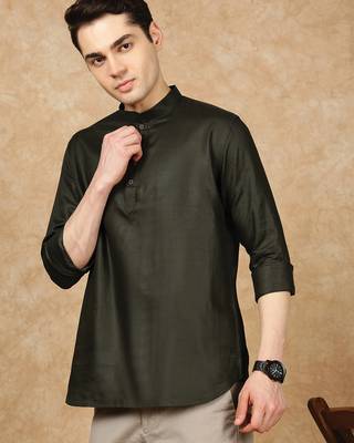 Green silk embroidered Short kurta for men 1