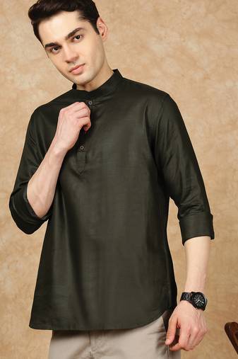 Green silk embroidered Short kurta for men