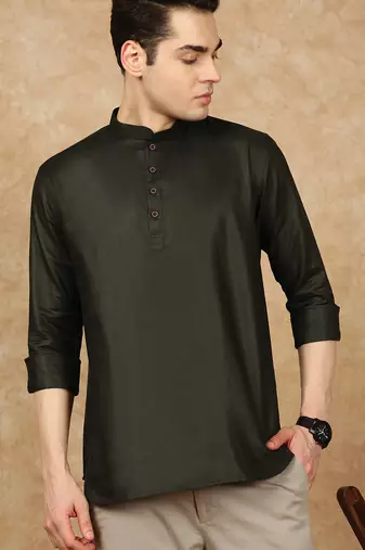 Green silk embroidered Short kurta for men