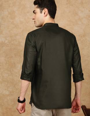 Green silk embroidered Short kurta for men 4
