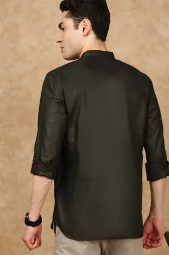 Green silk embroidered Short kurta for men