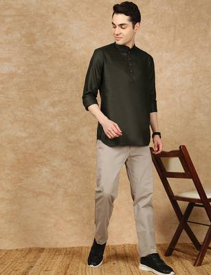 Green silk embroidered Short kurta for men 5