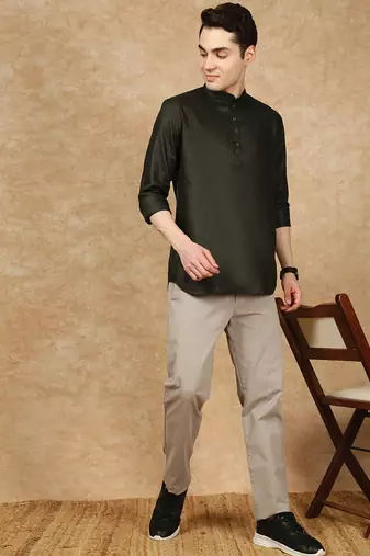 Green silk embroidered Short kurta for men