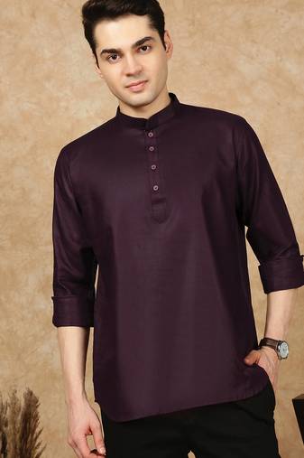 Purple silk embroidered Short kurta for men