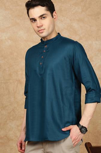Blue rayon sequins short kurta for men