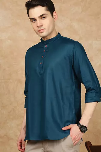 Blue rayon sequins short kurta for men