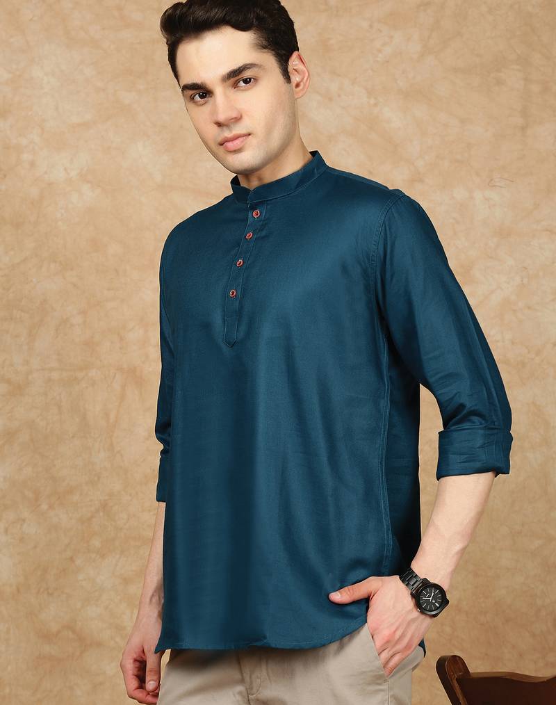 Blue rayon sequins short kurta for men