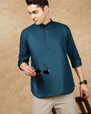 Blue rayon sequins short kurta for men 2