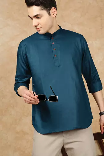 Blue rayon sequins short kurta for men