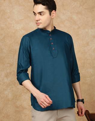 Blue rayon sequins short kurta for men 3