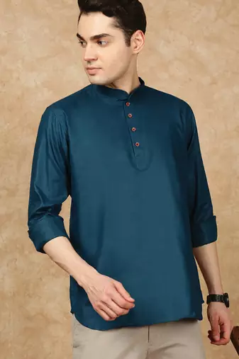 Blue rayon sequins short kurta for men