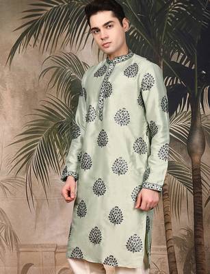 Green silk embroidered kurta for men 1