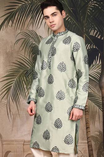 Green silk embroidered kurta for men