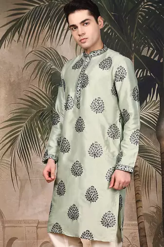 Green silk embroidered kurta for men