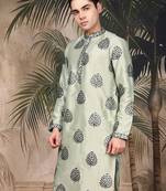 Green silk embroidered kurta for men