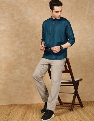 Blue rayon sequins short kurta for men 5