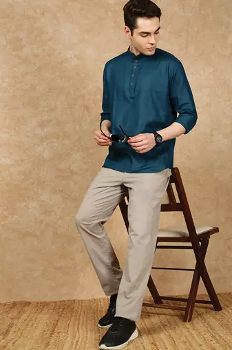 Blue rayon sequins short kurta for men