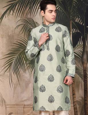 Green silk embroidered kurta for men 2
