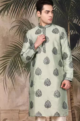 Green silk embroidered kurta for men