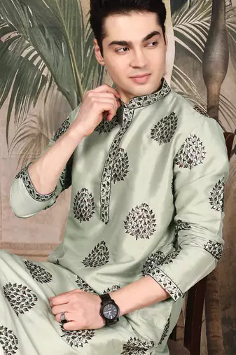 Green silk embroidered kurta for men