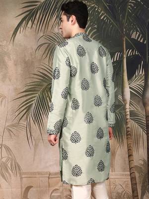 Green silk embroidered kurta for men 4
