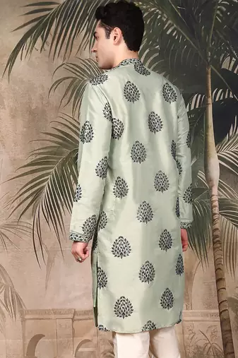 Green silk embroidered kurta for men