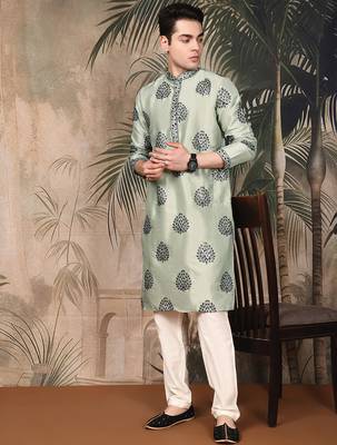 Green silk embroidered kurta for men 5
