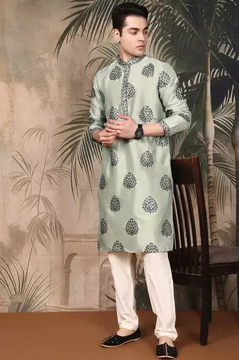 Green silk embroidered kurta for men